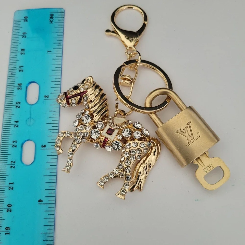 Louis Vuitton Padlock 303 & Rhinestone Horse Bag Charm Keychain Gold Tone